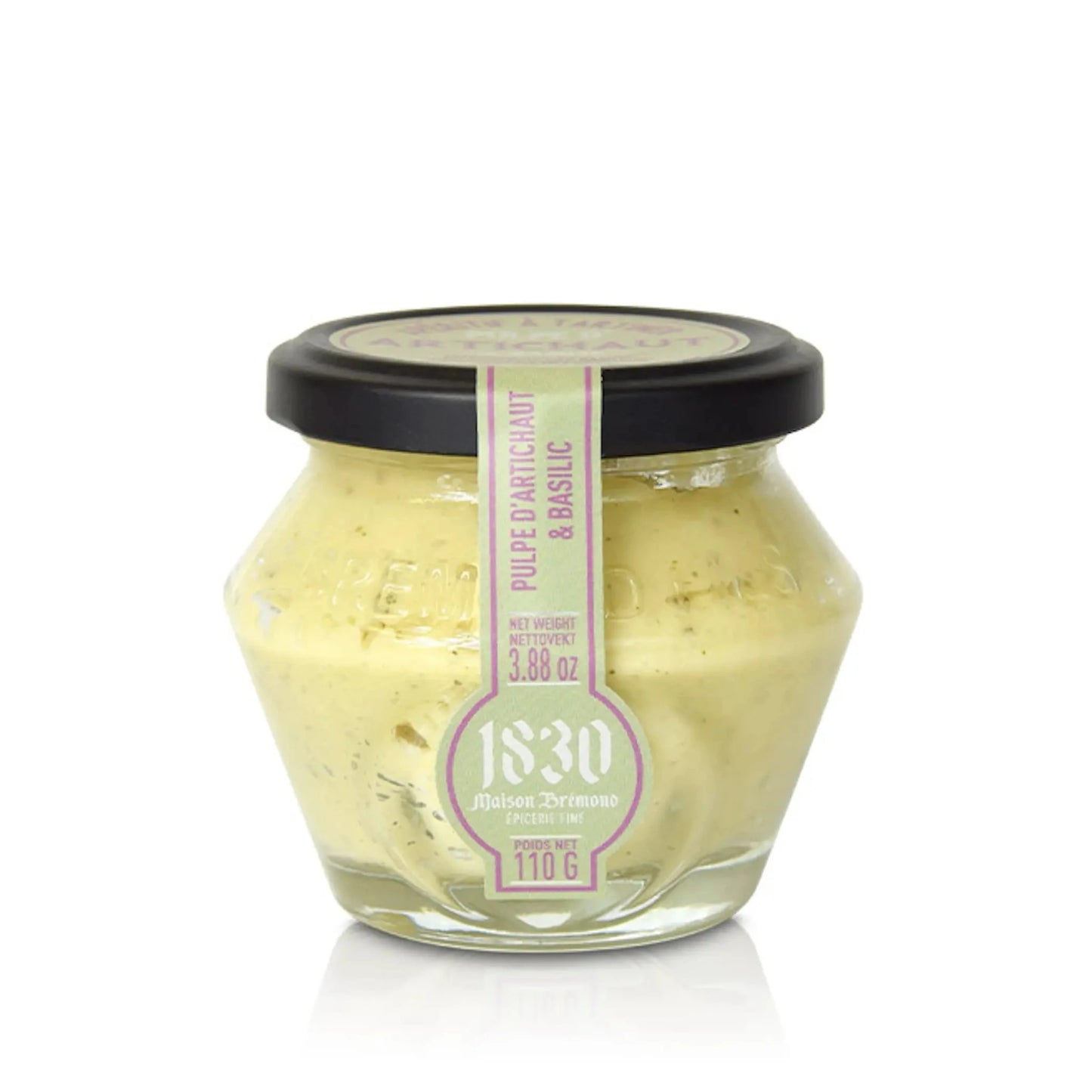 Glas mit Artischocken-Basilikum-Creme von Maison Bremond 1830, 110 g, mit schwarzem Deckel und einer pastellgrünen Etikette, das Produkt präsentiert sich in einem eleganten, transparenten Glas.