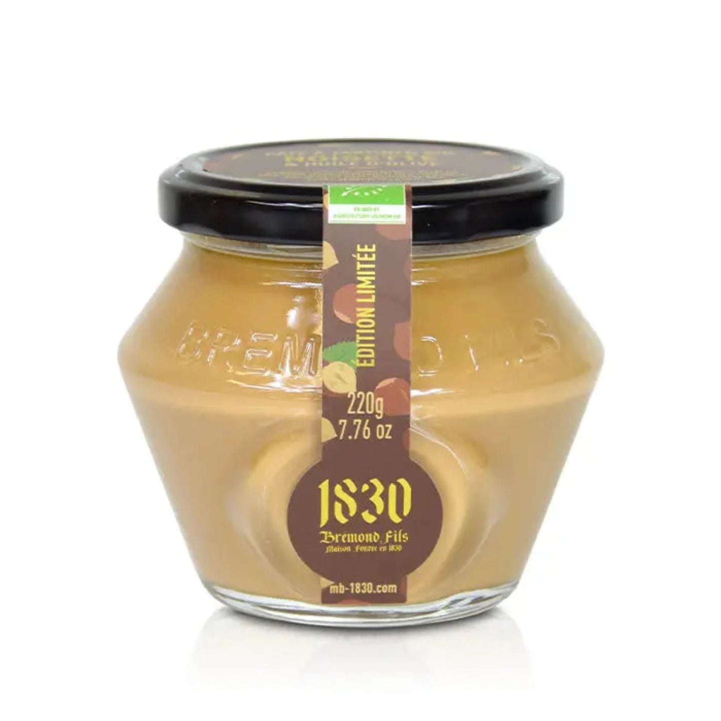 Ein Glas Bio-Haselnusscreme mit Olivenöl von Maison Brémond 1830, 220 g, mit nachhaltigen Zutaten.