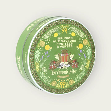 Metalldose mit Bio-Kräutertee von Brémond Fils – fruchtige und grüne Aromen mit Bitterorangenblättern, Basilikum und Olivenblättern.