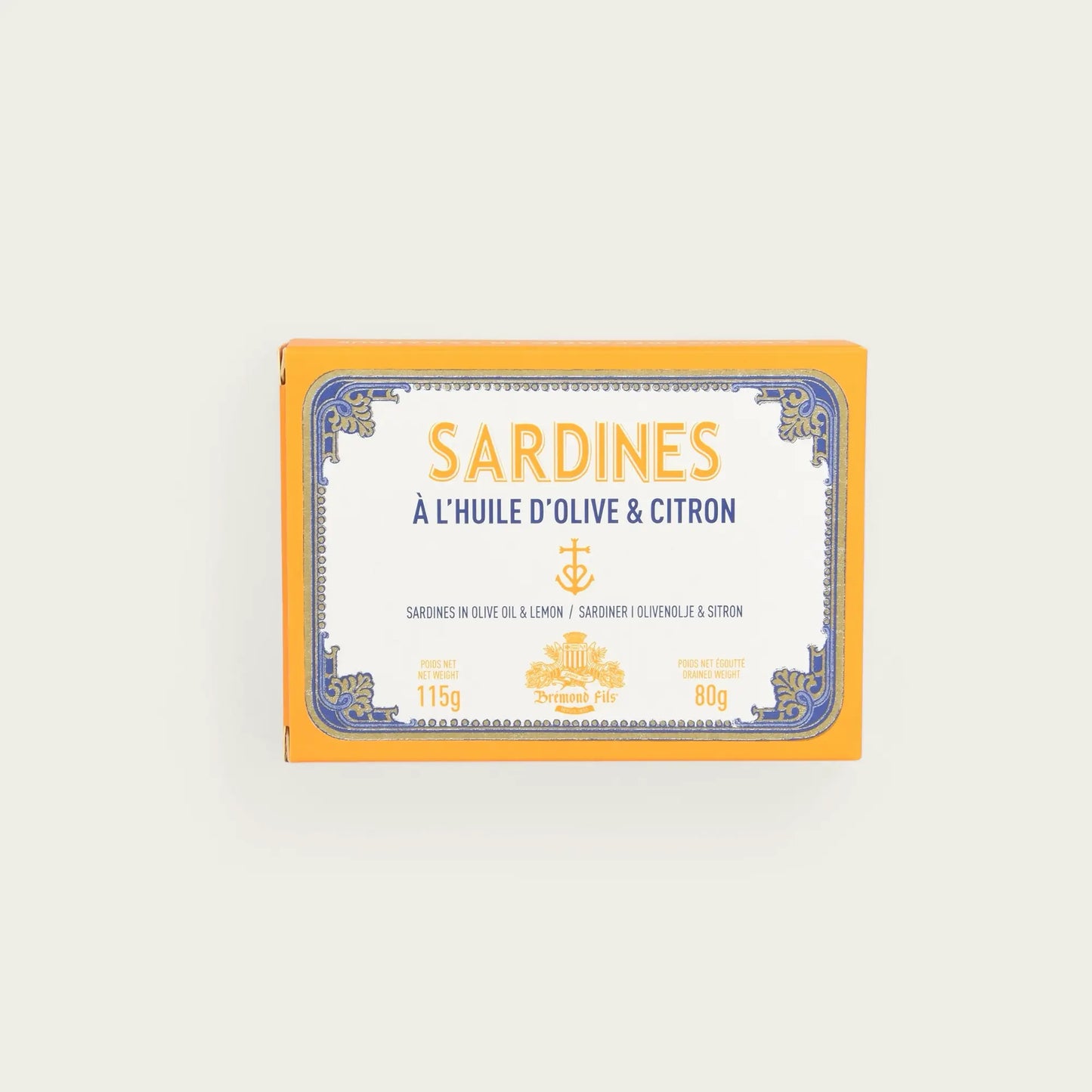 Hochwertige Dose Sardinen in Olivenöl & Zitrone, stilvolles klassisches Design mit blauen und goldenen Verzierungen. Nettogewicht 115 g, Abtropfgewicht 80 g.
