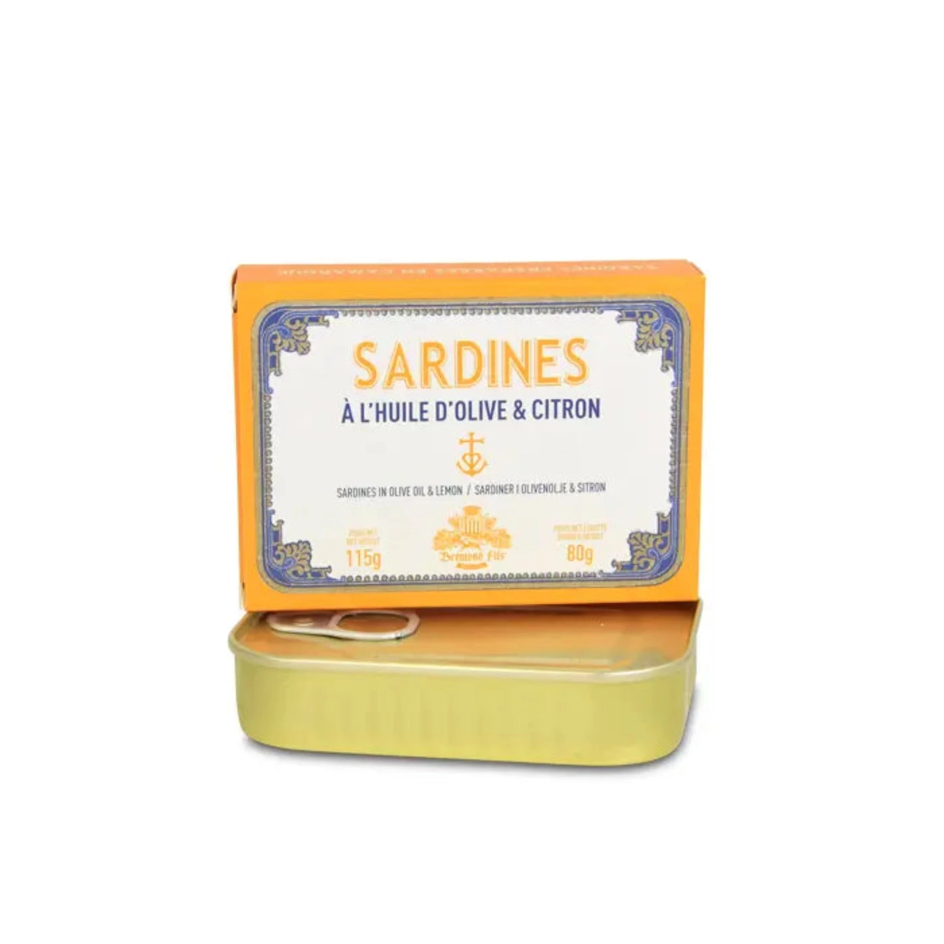 Dose Sardinen in Olivenöl & Zitrone, edle Verpackung mit klassischem Design. Geöffnete Metall-Dose mit Ring-Pull-Verschluss, Nettogewicht 115 g, Abtropfgewicht 80 g.