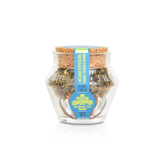 Glas mit Korkverschluss, gefüllt mit einer biologischen Gewürzmischung für Fleisch, Fisch und Gemüse, Marke Bremond Fils,