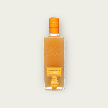 Produktbild einer 250 ml Glasflasche Mango-Balsamico-Essig mit gut lesbarem Etikett auf neutralem Hintergrund.