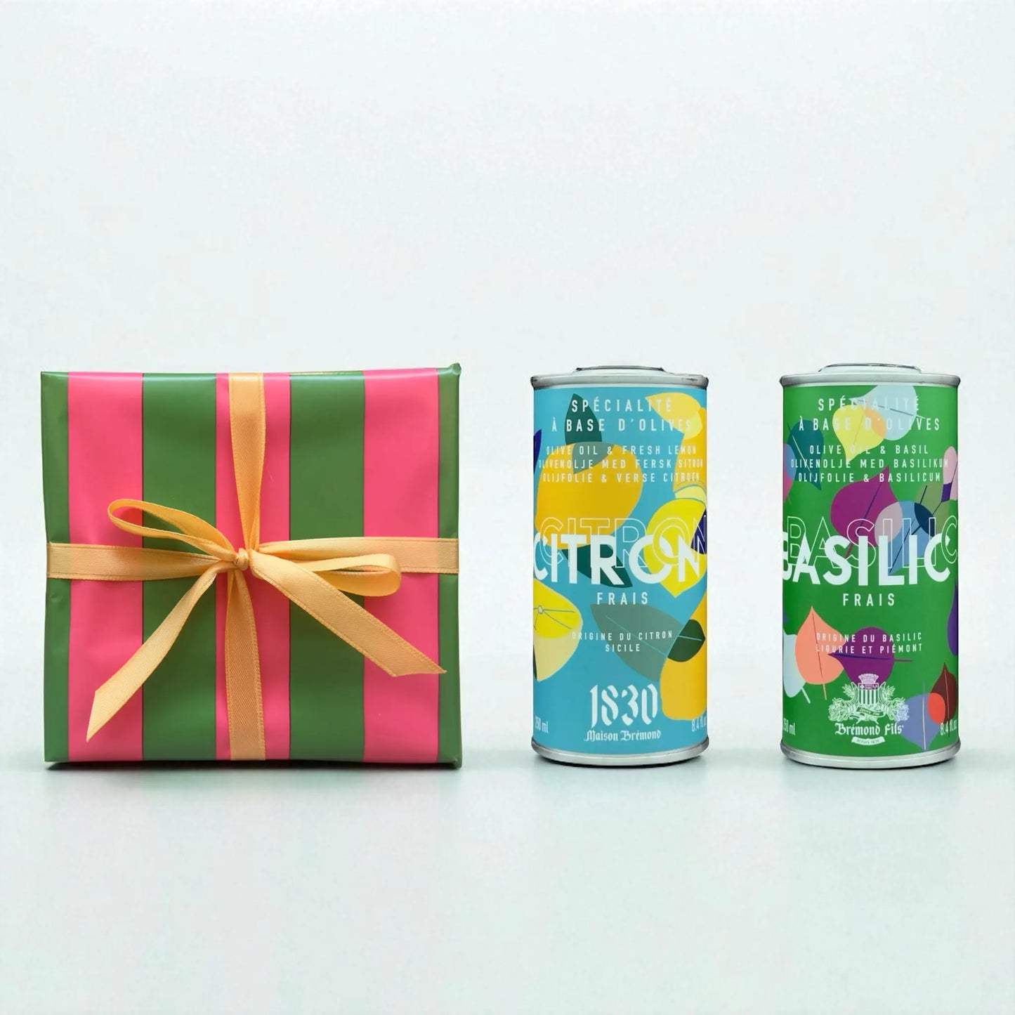 Maison Brémond 1830 Geschenkset mit Olivenöl Basilikum und Olivenöl Zitrone in dekorativer Geschenkverpackung – Feinkost Geschenkidee aus der Provence