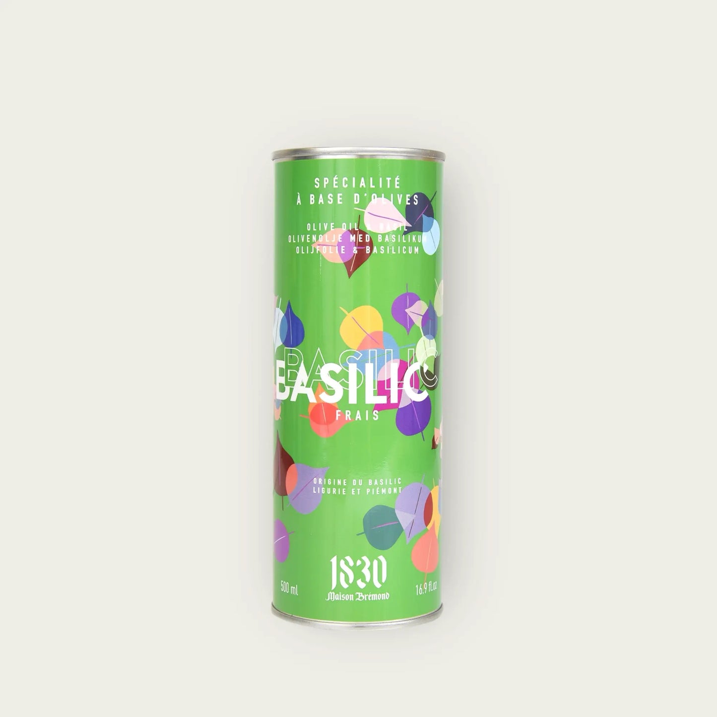 Maison Brémond Olivenöl mit Basilikum 500 ml – Hochwertiges Olivenöl in einer stilvollen Dose mit modernen Farben, vor neutralem Hintergrund.
