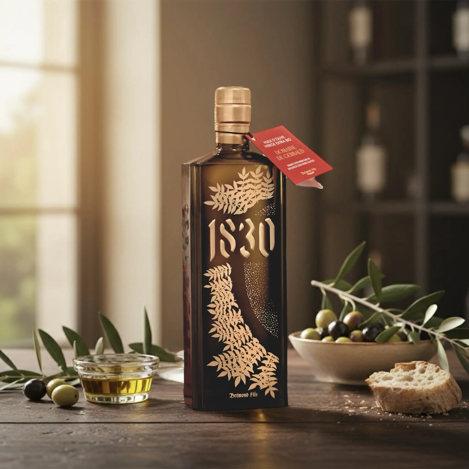 Bio Olivenöl aus Frankreich – Domaine de Gerbaud AOP, Limited Edition Weihnachten. Hochwertiges Olivenöl Geschenk in edler 1830-Flasche mit Weihnachtsdekoration.