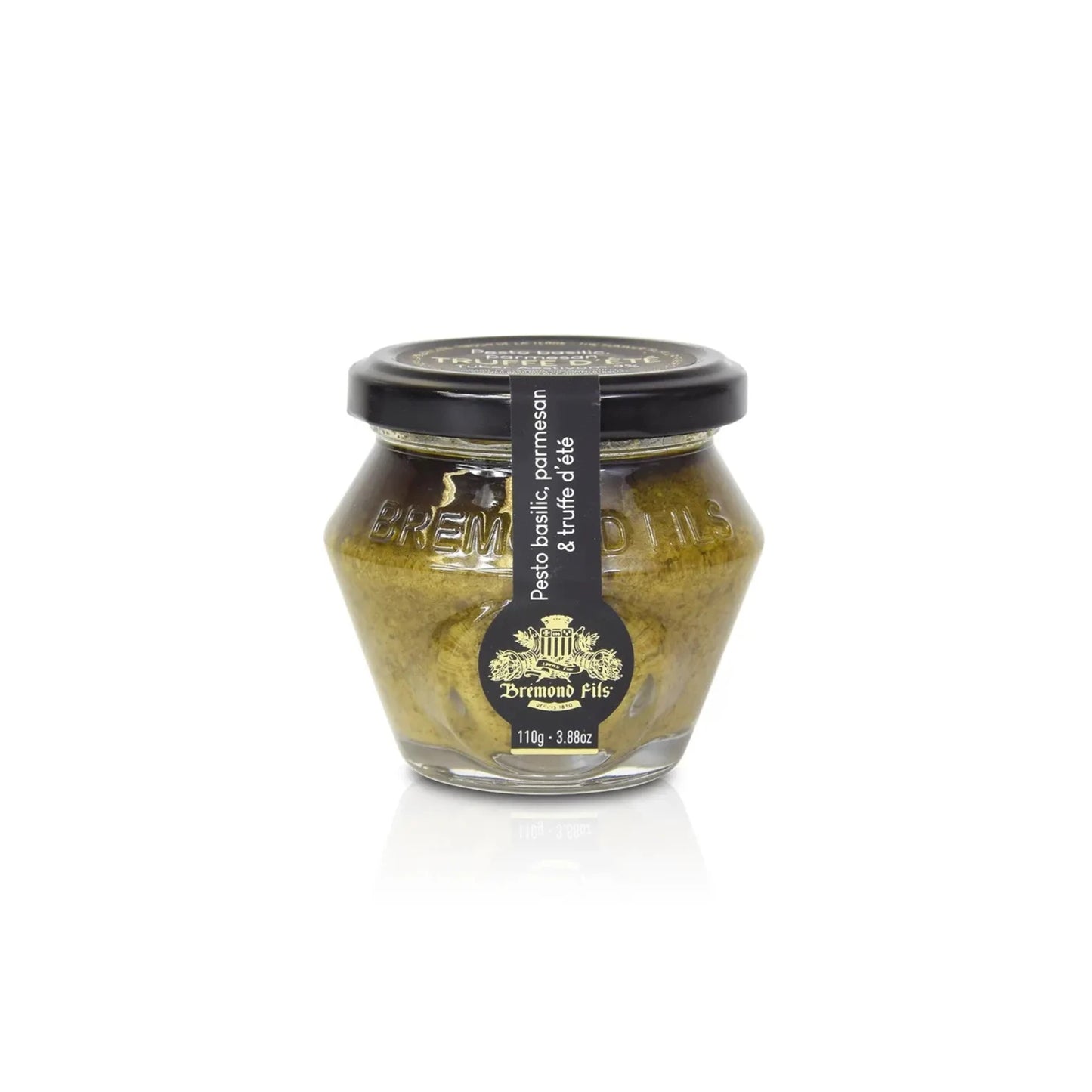 Glas mit Basilikum-Pesto, Parmesan und Sommertrüffel, verpackt in einem edlen Glas mit schwarzem Deckel und goldfarbenem Logo von "Bremond Fils". Perfekt für Gourmet-Gerichte.