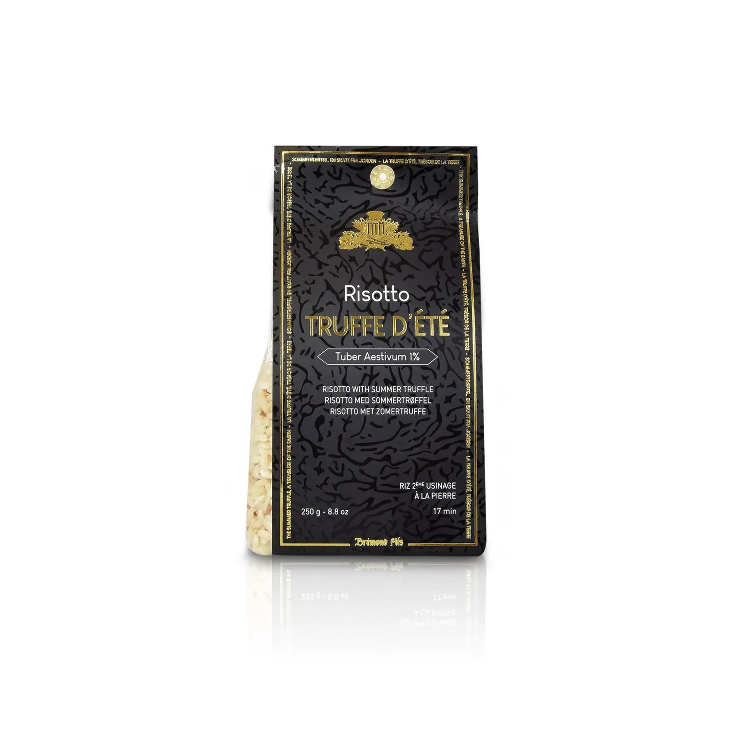 Verpackung mit Risotto und Sommertrüffel, verziert mit schwarzem und goldenem Design. Aufschrift "Risotto Truffe d'Été - Tuber Aestivum 1%". Hochwertiges Produkt aus Italien, ideal für Gourmet-Gerichte.