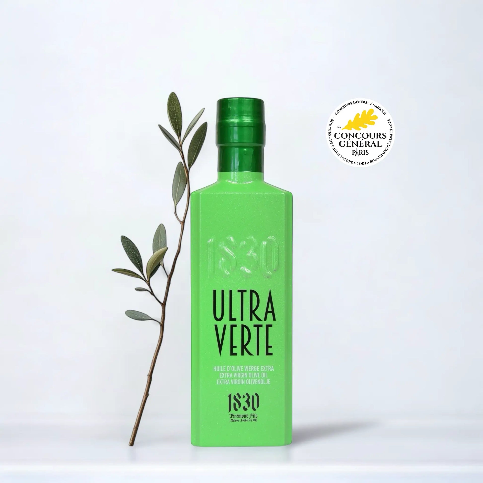 Ultra Verte – Testsieger Olivenöl 2025 aus Frankreich mit Goldmedaille, Olivenzweig und grüner Designflasche von Château de Panisse