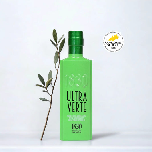 Ultra Verte – Testsieger Olivenöl 2025 aus Frankreich mit Goldmedaille, Olivenzweig und grüner Designflasche von Château de Panisse
