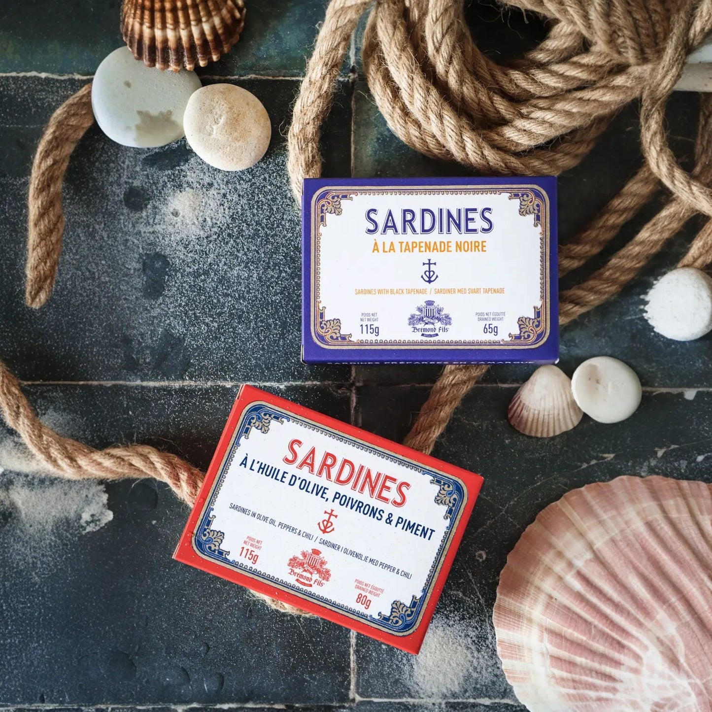 Zwei edle Sardinen-Dosen von Maison Brémond 1830 auf maritimer Kulisse mit Sand, Seilen und Muscheln. Eine Dose mit Sardinen in Olivenöl, Paprika & Chili (rote Verpackung), die andere mit Sardinen in schwarzer Tapenade (violette Verpackung). Hochwertiges Feinkostprodukt aus der Provence.