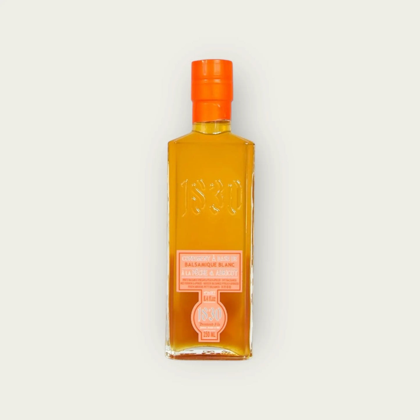 Flasche Balsamico-Essig mit Pfirsich und Aprikose, 250 ml – ein hochwertiges Condiment mit fruchtigem Aroma, ideal für kreative kulinarische Kreationen.