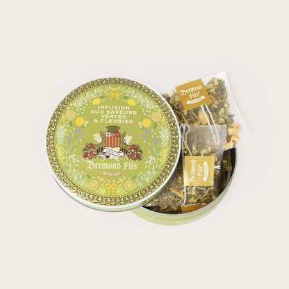 Metalldose mit Bio-Kräutertee von Brémond Fils – grüne & blumige Aromen mit Thymian, Süßorange, Pfefferminze, Melissenblättern, Rosenblütenblättern & Olivenblättern.