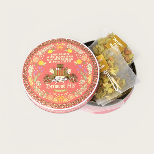 Metalldose mit Bio-Kräutertee von Brémond Fils – genussvoll-fruchtige Aromen mit Zimt, Orange, Süßorange, Apfel & Olivenblättern.