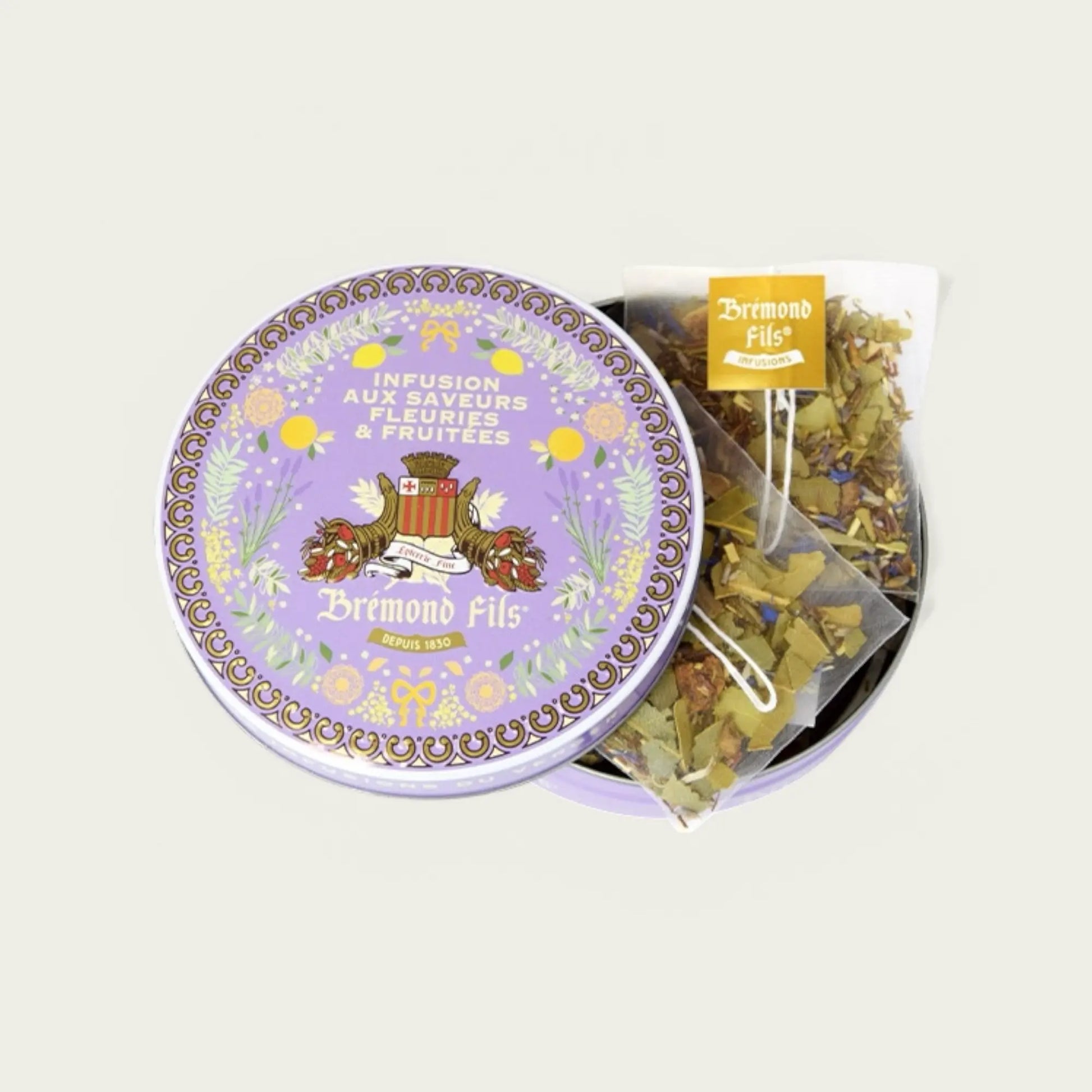 Metalldose mit 8 biologisch abbaubaren Teebeuteln von Brémond Fils – Bio-Kräutertee mit blumigen und fruchtigen Aromen, verfeinert mit grünem Rooibos, Lavendel und Aprikose.