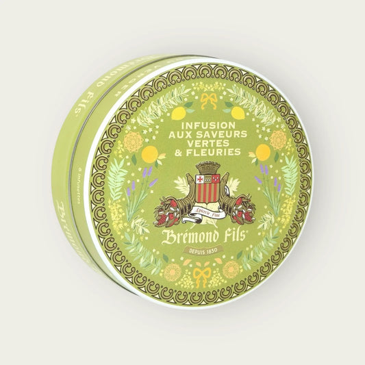 Metalldose mit Bio-Kräutertee von Brémond Fils – grüne & blumige Aromen mit Thymian, Süßorange, Pfefferminze, Melissenblättern, Rosenblütenblättern & Olivenblättern.