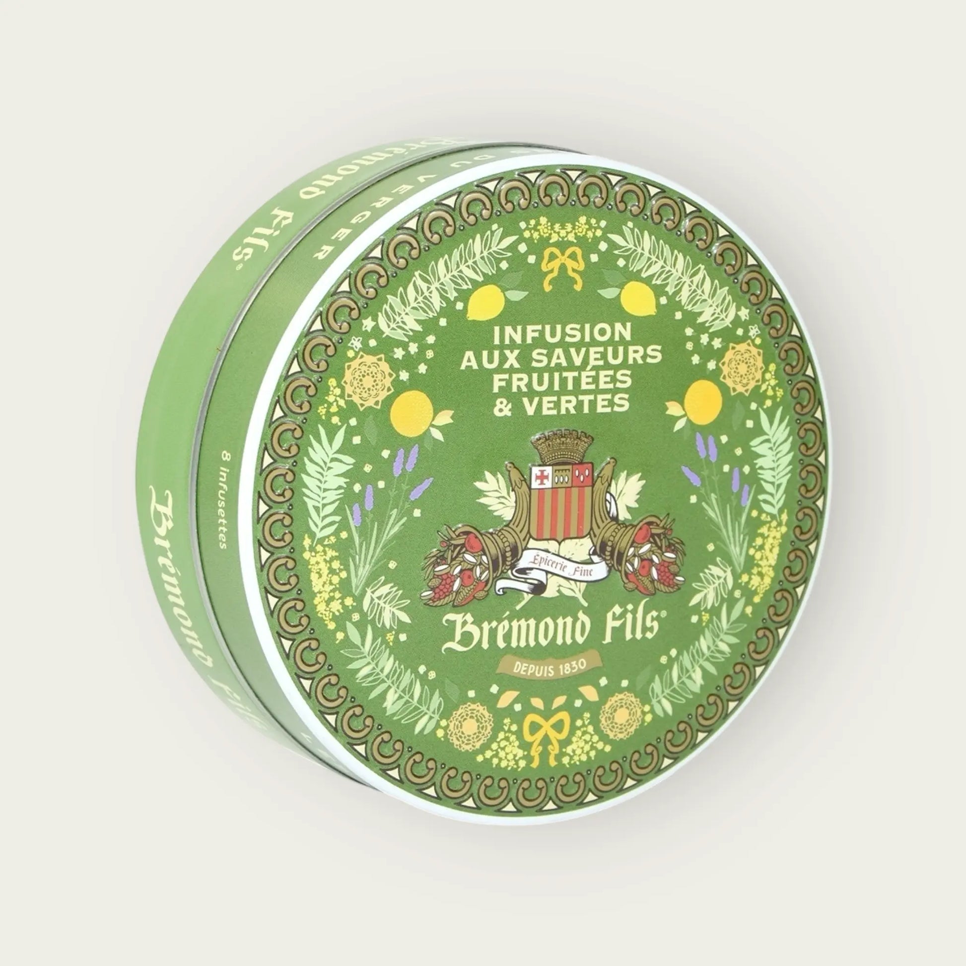 Metalldose mit Bio-Kräutertee von Brémond Fils – fruchtige und grüne Aromen mit Bitterorangenblättern, Basilikum und Olivenblättern.