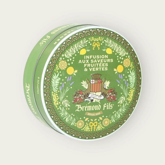 Metalldose mit Bio-Kräutertee von Brémond Fils – fruchtige und grüne Aromen mit Bitterorangenblättern, Basilikum und Olivenblättern.
