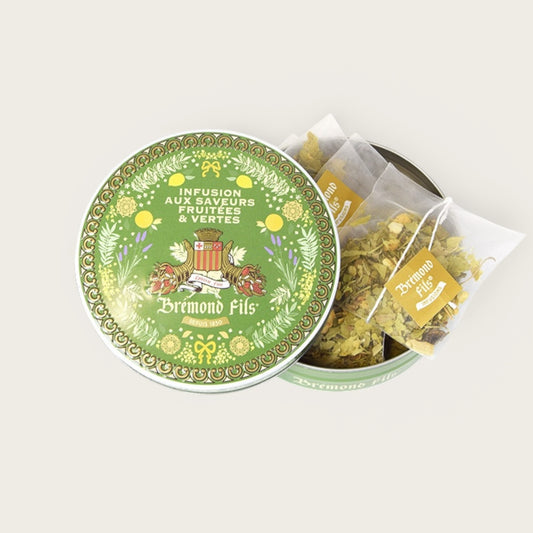 Metalldose mit Bio-Kräutertee von Brémond Fils – fruchtige und grüne Aromen mit Bitterorangenblättern, Basilikum und Olivenblättern.