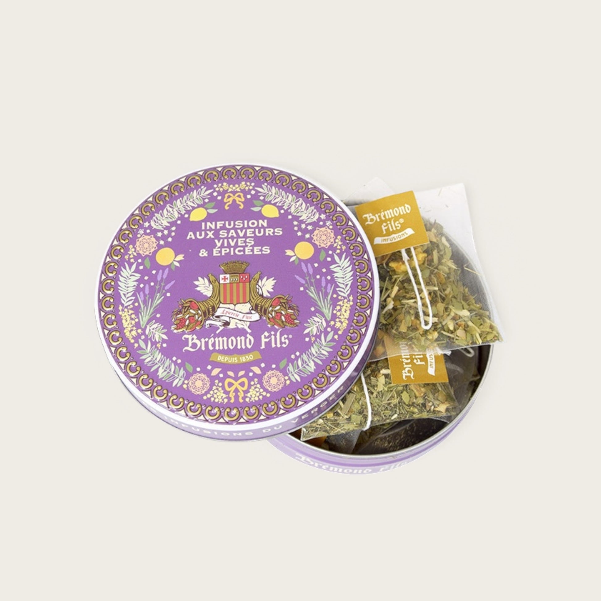 Metalldose mit Bio-Kräutertee von Brémond Fils – intensive & würzige Aromen mit grünem Maté, süßer Minze, Zitronengras, Ingwer & Olivenblättern.