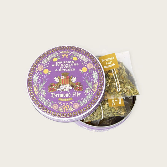 Metalldose mit Bio-Kräutertee von Brémond Fils – intensive & würzige Aromen mit grünem Maté, süßer Minze, Zitronengras, Ingwer & Olivenblättern.