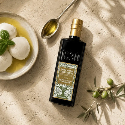 Bio Olivenöl nativ extra Pennarubia aus Spanien mit Mozzarella und Basilikum
