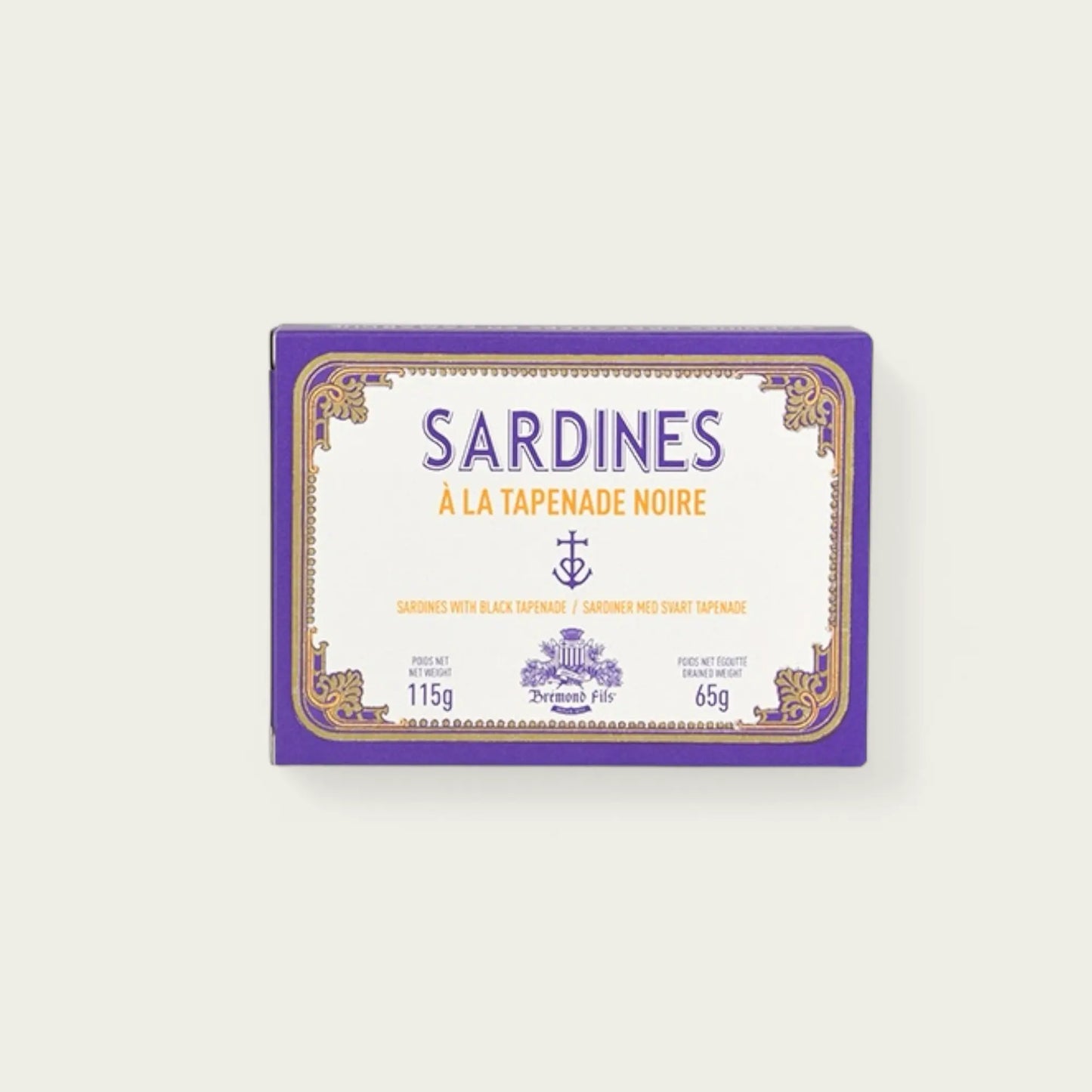  Dose mit Sardinen in schwarzer Tapenade, einer feinen Mischung aus schwarzen Oliven, Kapern und Olivenöl. Traditionelle französische Spezialität aus der Provence.