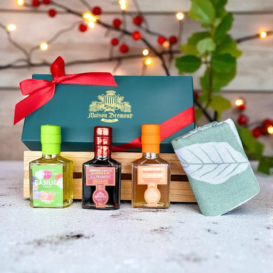 Maison Brémond 1830 Essig & Öl Geschenkbox – Feinkost Geschenk mit Olivenöl Basilikum, Balsamico Essig, Küchentuch – mediterrane Geschenkidee zu Weihnachten