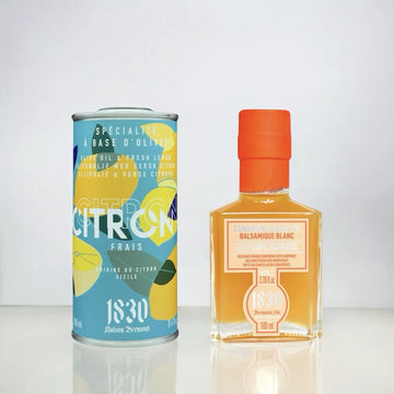 Zitronen-Olivenöl und Grapefruit-Essig von Maison Brémond in stilvoller Verpackung – hochwertiges Geschenkset mit mediterranem Flair.