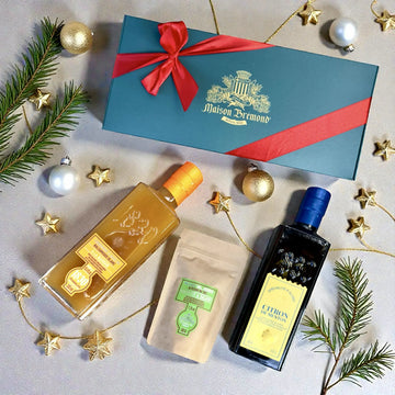 Feinkost Geschenkset mit Olivenöl Zitrone, Mango-Essig und Kräutersalz – stilvoll verpackt in Maison Brémond 1830 Geschenkbox.
