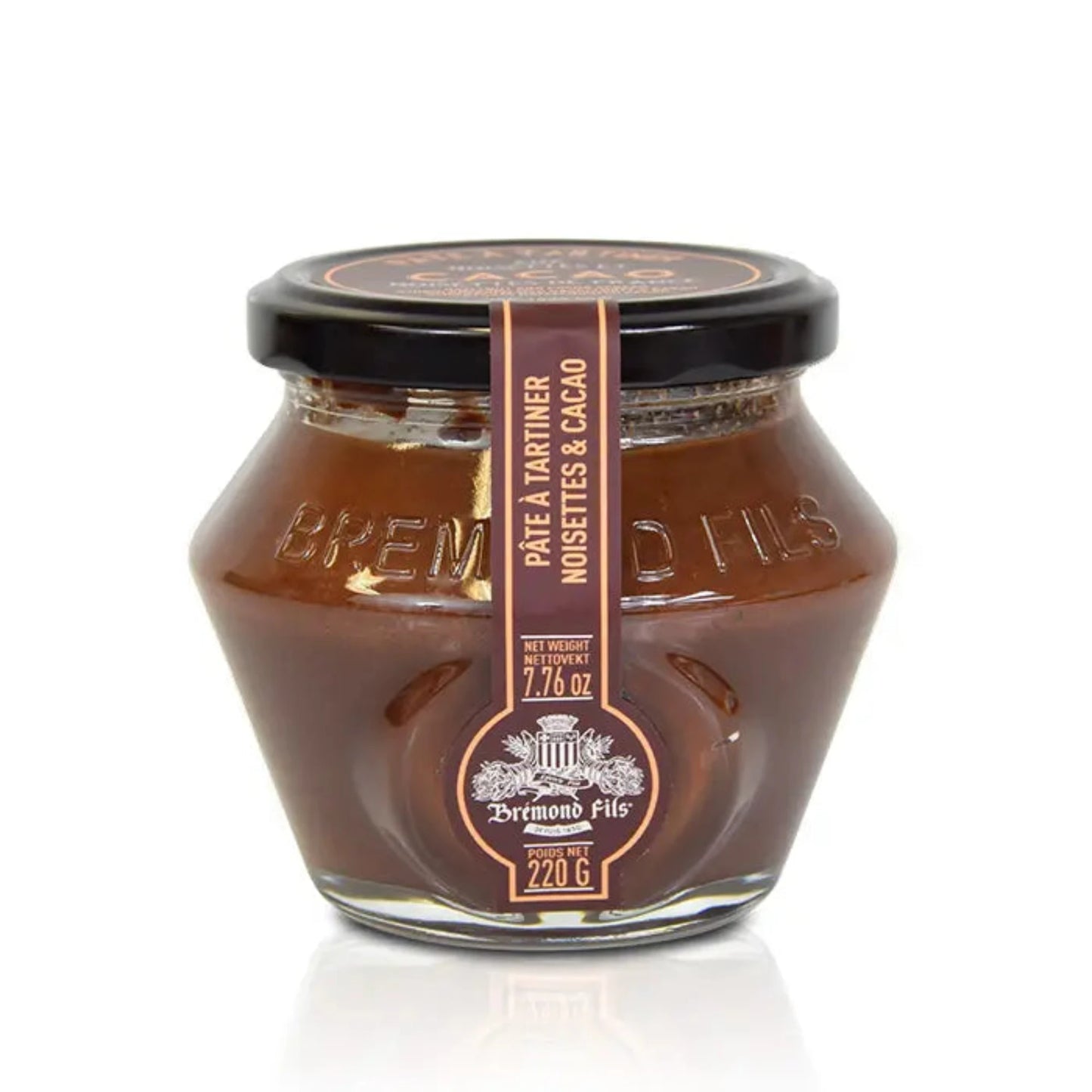 Ein Glas Haselnuss-Kakao-Creme, 220 g – handgefertigt in der Haute-Provence, cremig und ohne Palmöl.