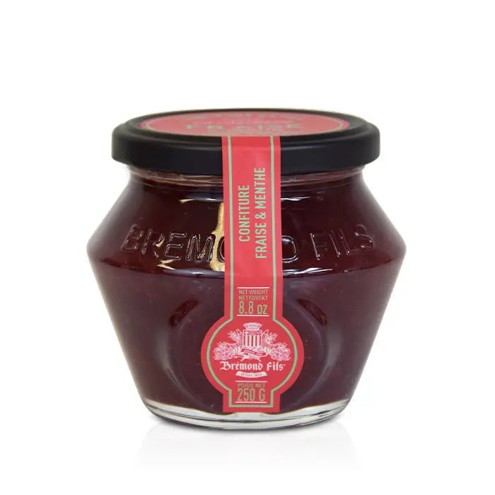 Erdbeer-Minze-Konfitüre im Glas, Maison Brémond 1830, rotes Etikett, 250 g.
