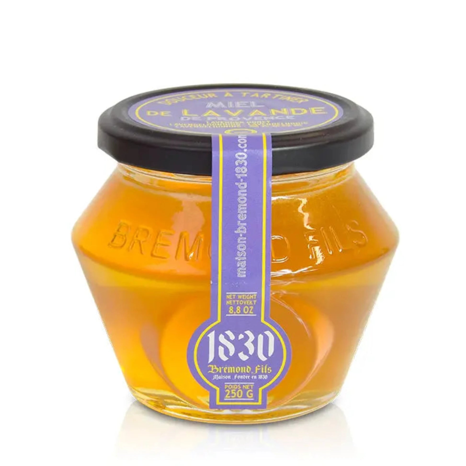 Ein Glas Lavendel Honig aus der Provence IGP, 250 g – cremiger Honig mit blumigem Geschmack aus den Lavendelfeldern der Provence.