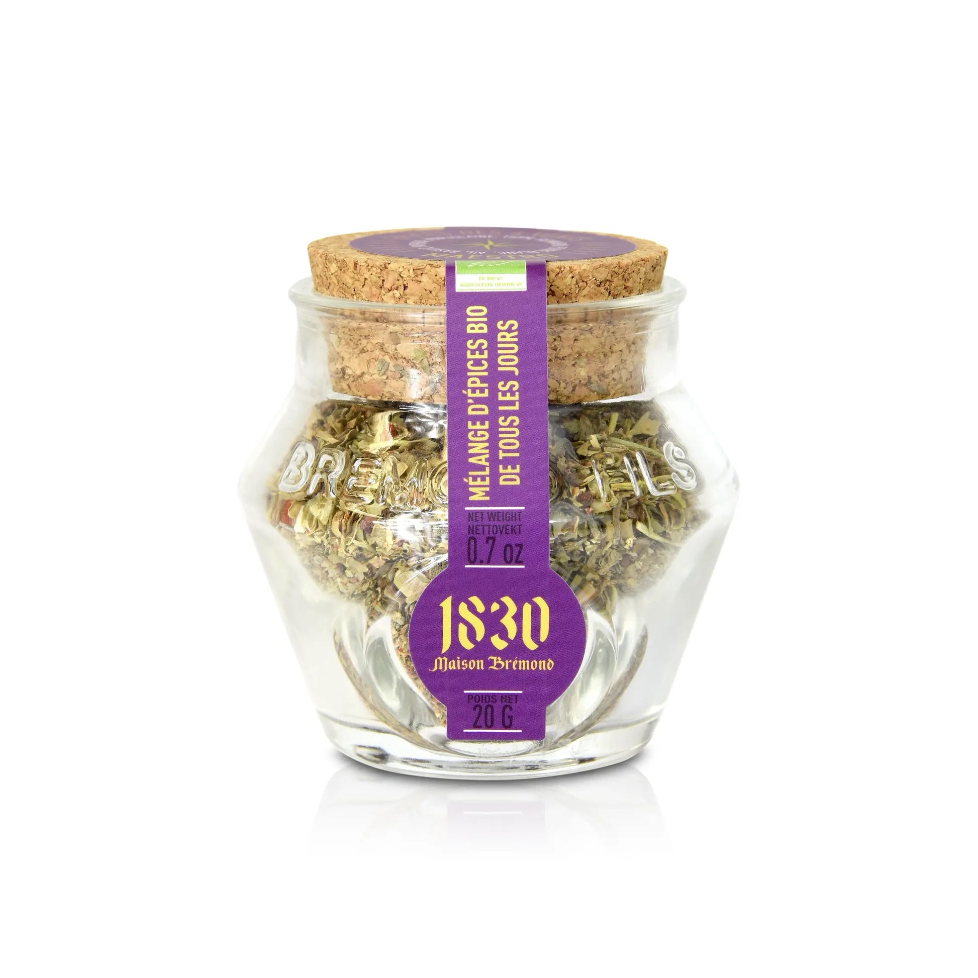 Glas mit Maestro Bio-Gewürzmischung von Maison Brémond 1830, ideal für Pasta, Pizza und Gemüsegerichte. Bio-Qualität mit mediterranen Kräutern.
