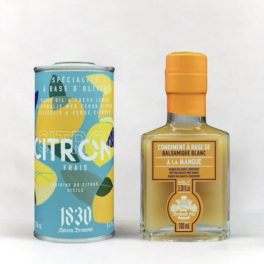 Geschenkset mit Zitronen-Olivenöl (250 ml) und Mango-Essig (100 ml) von Maison Brémond – Ideal für kreative, mediterrane und exotische Rezepte.