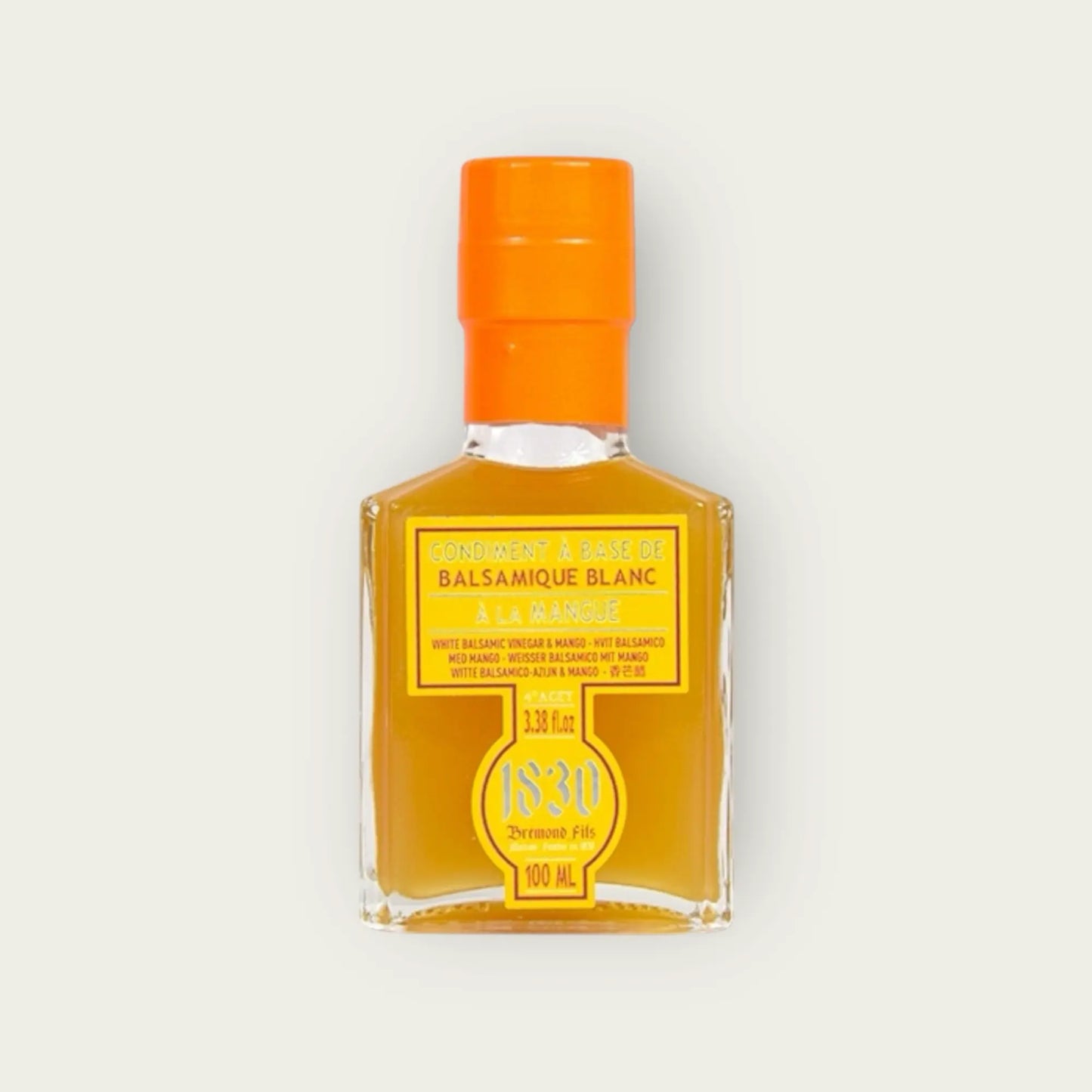 Produktbild einer 100 ml Glasflasche Mango-Balsamico-Essig mit gut lesbarem Etikett auf neutralem Hintergrund.