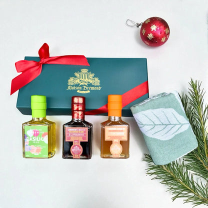 Öl & Essig Geschenkbox von Maison Brémond 1830 – Olivenöl Basilikum, Balsamico Essig Himbeere, Balsamico Grapefruit und Küchentuch – stilvolles Feinkost Geschenk für Weihnachten und Genießer