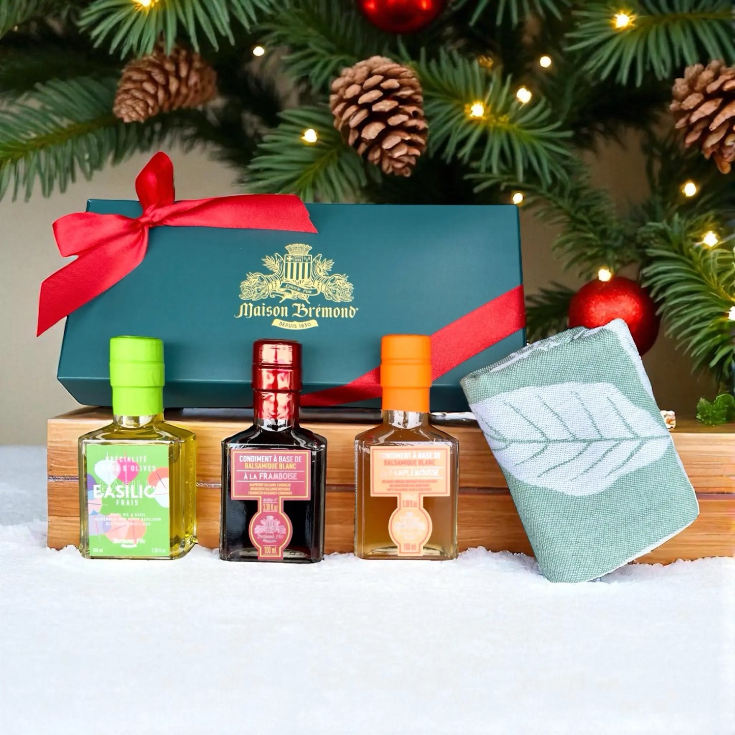 Öl-Essig Geschenkbox Maison Brémond 1830 – Gourmet Geschenkset mit Olivenöl Basilikum, Balsamico Himbeere, Balsamico Grapefruit und Küchentuch – festliche Feinkost Geschenkidee Weihnachten