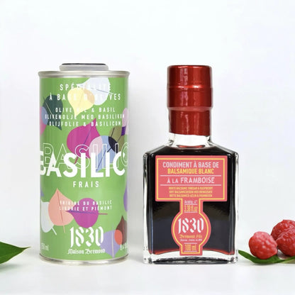 Geschenk  Basilikum-Olivenöl und Himbeer-Balsam-Essig von Maison Brémond 1830