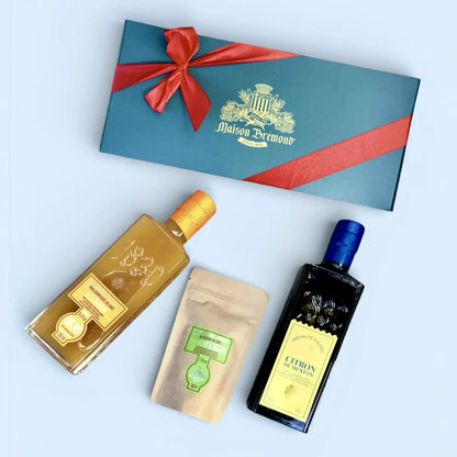 Premium Feinkost Geschenkset von Maison Brémond 1830 mit Zitronen-Olivenöl aus Menton, weißem Balsamico, Fleur de Sel und hochwertiger Geschenkverpackung

