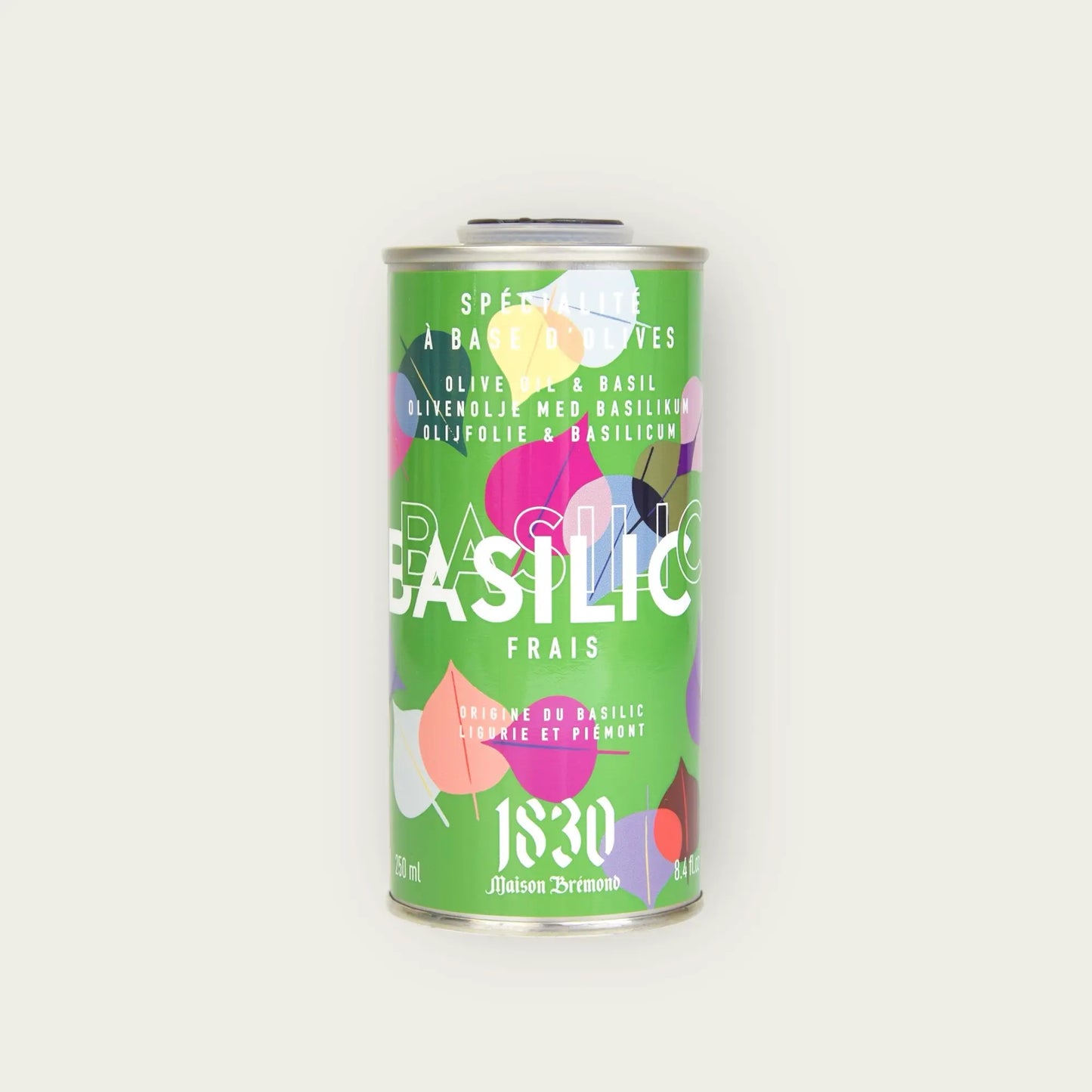 Maison Brémond Olivenöl mit Basilikum 250 ml – Aromatisiertes Olivenöl in einer modernen, bunten Dose vor neutralem Hintergrund.