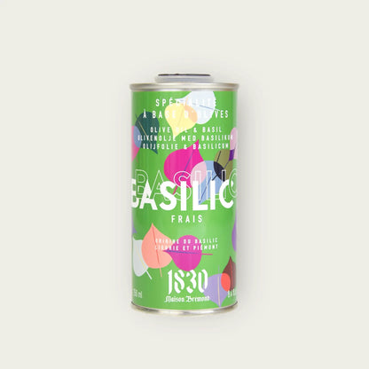 Maison Brémond Olivenöl mit Basilikum 250 ml – Aromatisiertes Olivenöl in einer modernen, bunten Dose vor neutralem Hintergrund.