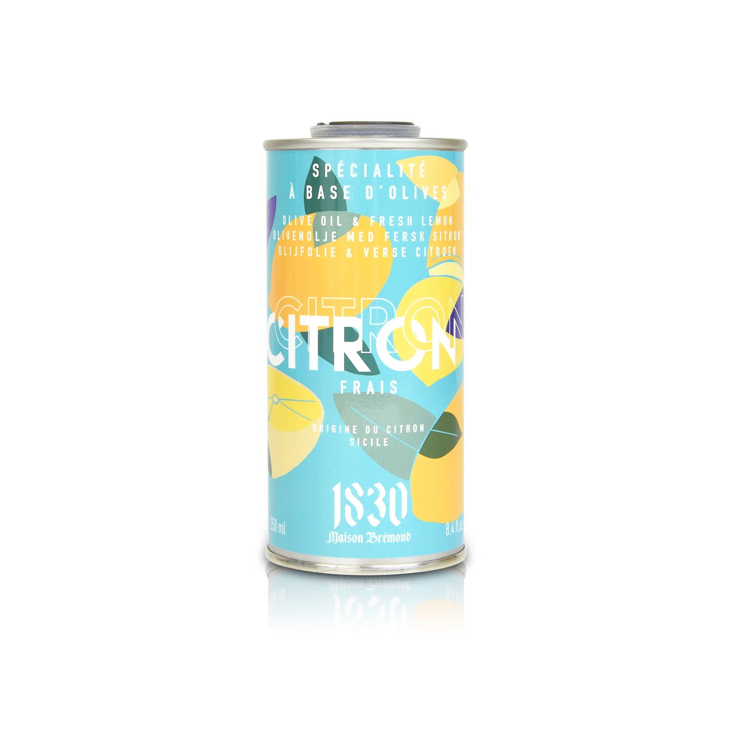 Design-Dose Olivenöl mit frischer Zitrone von Maison Brémond 1830, 250 ml. Extra natives Olivenöl, verfeinert mit frischen Zitronen, ideal für Salate, Fisch und mediterrane Speisen. Jetzt kaufen.