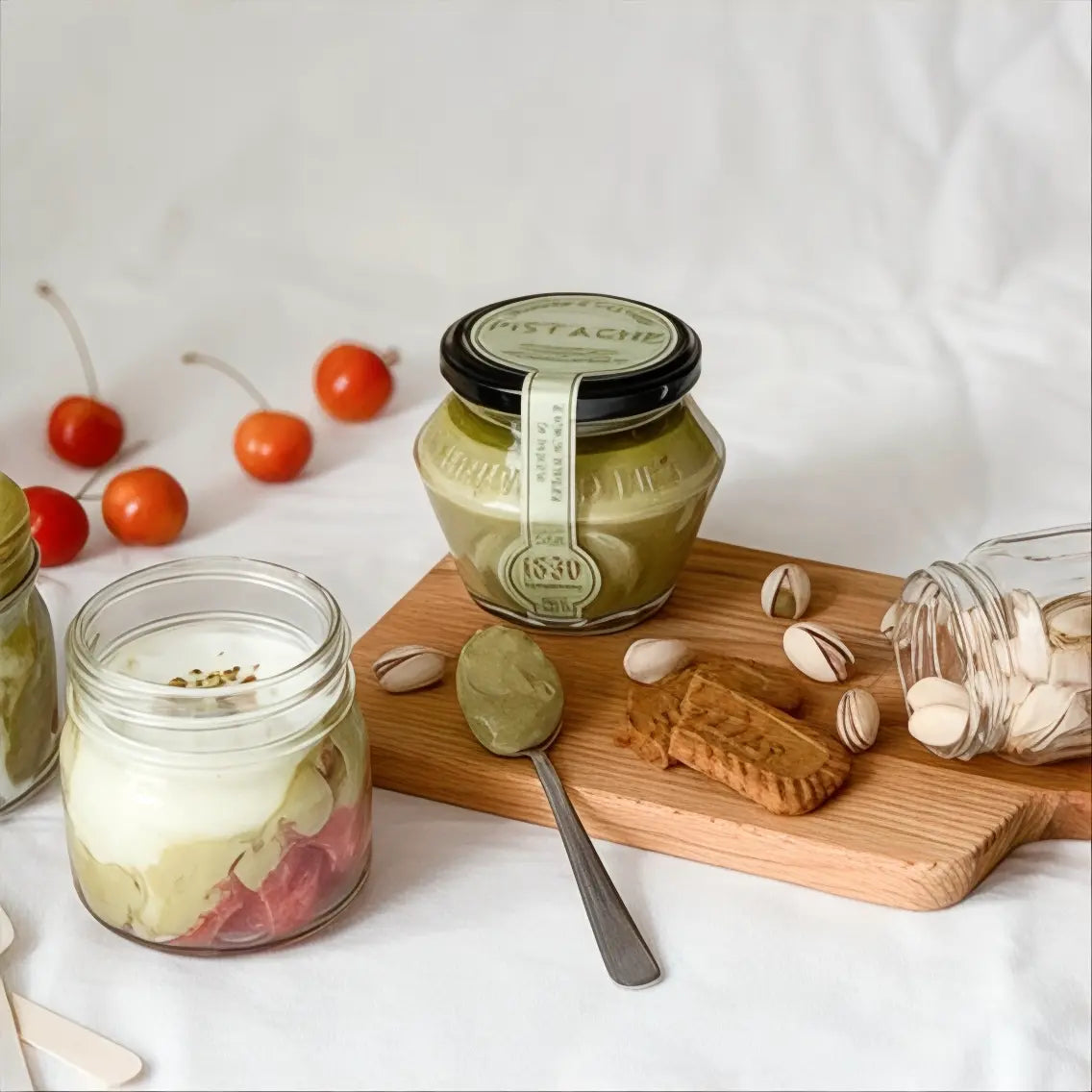 Pistaziencreme mit knusprigen Keksen, Pistazien und Kirschen als Dessert-Idee auf einem Holzbrett arrangiert.
