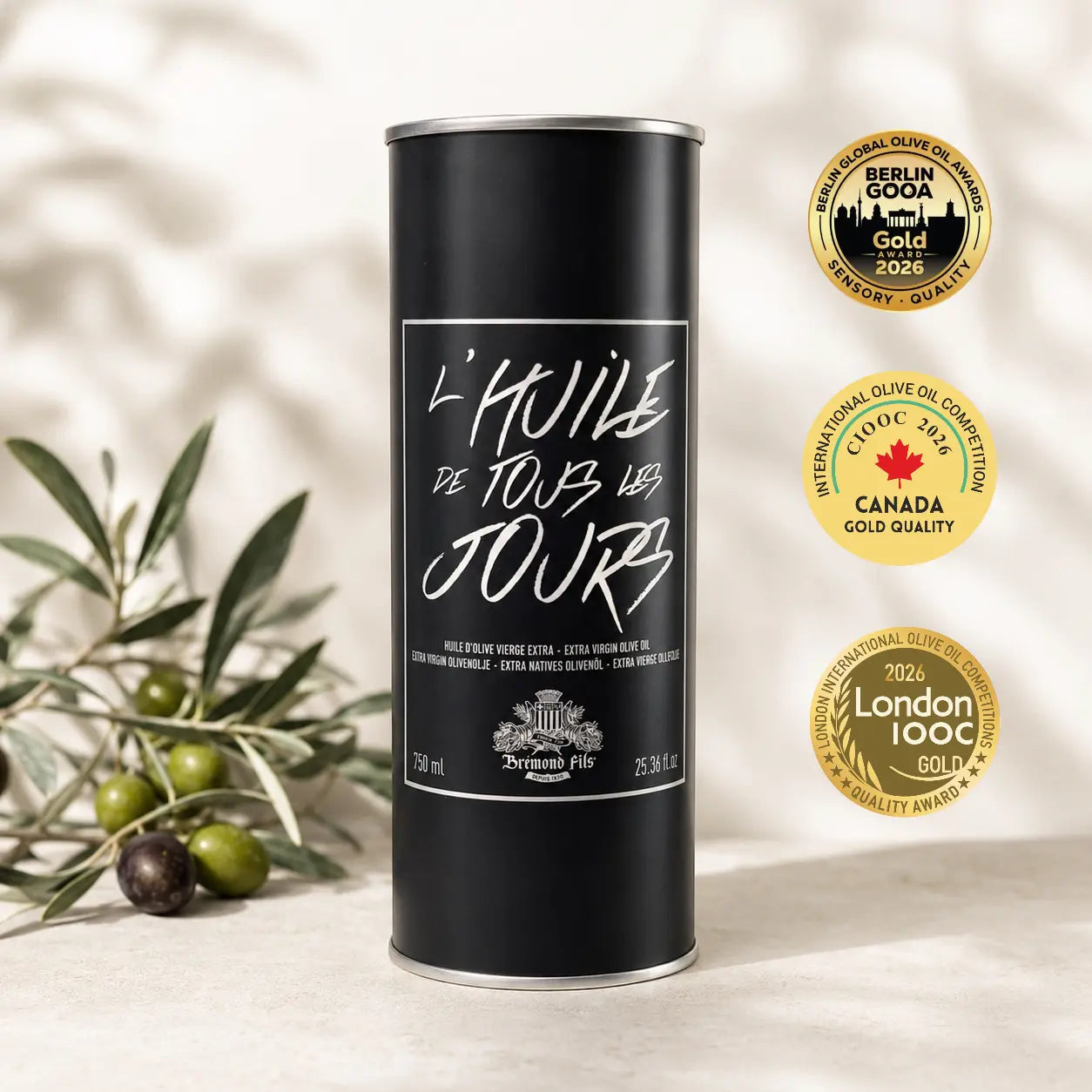 Testsieger Olivenöl zum Braten und Kochen aus Griechenland – extra natives Koroneiki Olivenöl in schwarzer Dose mit internationalen Gold-Auszeichnungen.
