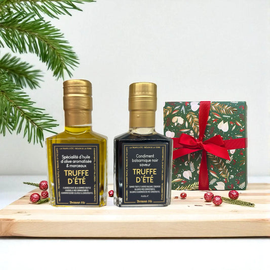 Edles Trüffel Geschenk Set – Olivenöl mit Sommertrüffelstücken und Balsamico-Condiment, Maison Brémond 1830. Weihnachts-Geschenkbox mit roter Schleife, Feinkost für Feinschmecker.