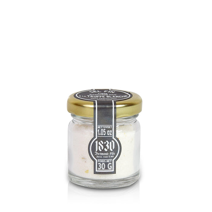 Trüffelsalz mit Alba-Weißtrüffel (Tuber Magnatum Pico) – Feines Camargue-Salz veredelt mit edlem Trüffelaroma, im 30 g Glas von Maison Brémond 1830.